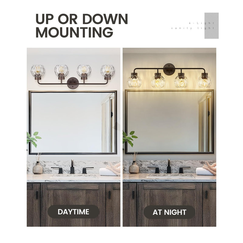 Éclairage pour salle de bain 4 lumières avec globe en verre ondulé, bronze huilé, Bronze frotté à l'huile, Quatre lumières