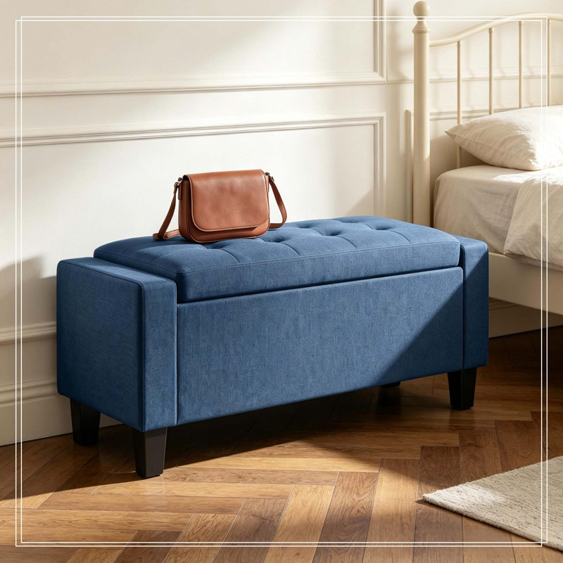 Banc de repose-pieds avec accoudoirs capitonnés 36,6 pouces avec pieds en bois pour le salon de la chambre à coucher, Bleu