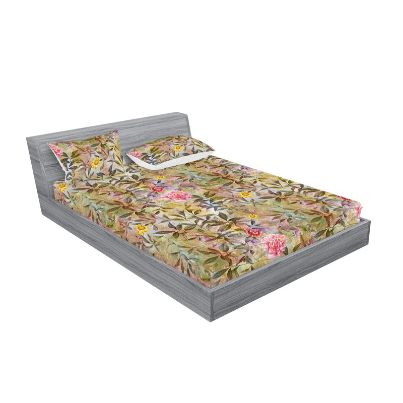 Drap-housse et taies décoratives 3 pièces Ambesonne, Kaki et sépia / motif floral rose