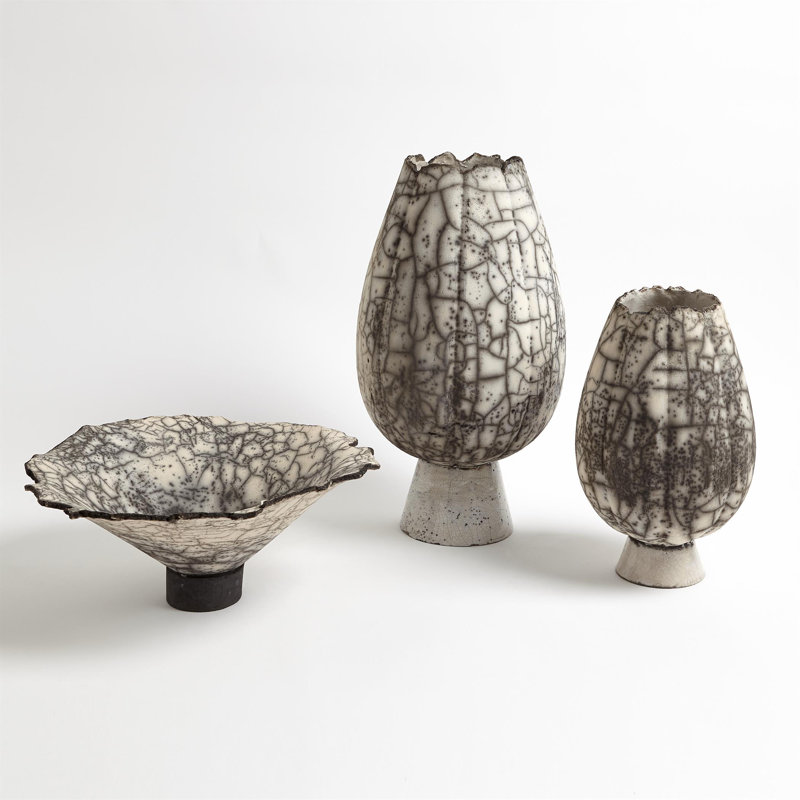 Crackled Footed Vase-Black Raku, 13.25" H x 8.25" W x 8.25" D