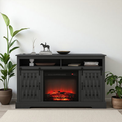 Fireplace TV Stand For Tvs Up To 65", Farmhouse Entertainment Centre With 23" Electric Fireplace Insert And Sliding Barn Doors, Rustic Wood Finish For Living Room