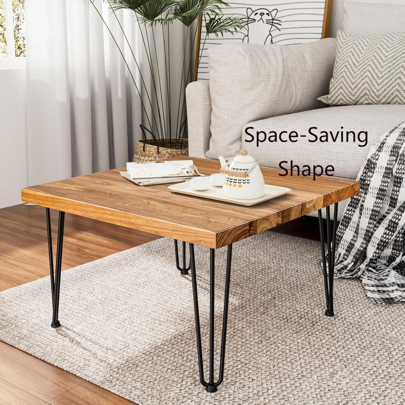 Rustic Elm Wood Square Coffee Table with Metal Hairpin Legs