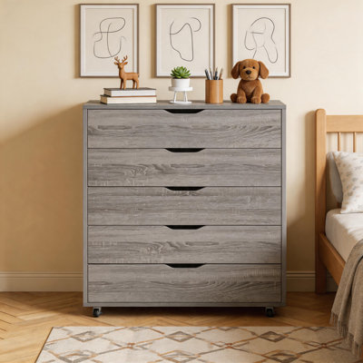 Commode à 5 tiroirs grise avec roulettes, armoire de rangement moderne pour chambre à coucher