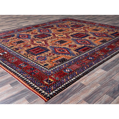 8'3"x9'9" Beige, Afghan Ersari with Turkish Knot, Caucasian Design Revival, Vegetable Dyes, Hand Knotted, Soft and Velvety Wool, Densely Woven, Orient