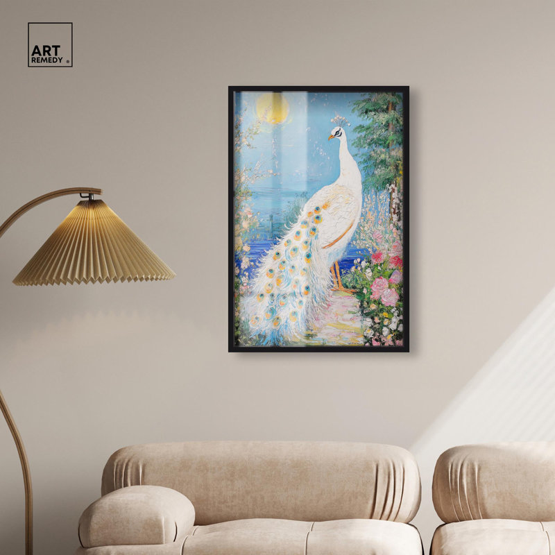 «Peacock in Paradise Shadowbox Print Natures Art Prints» par Art Remedy, H 37 po x l 25 po, Noir