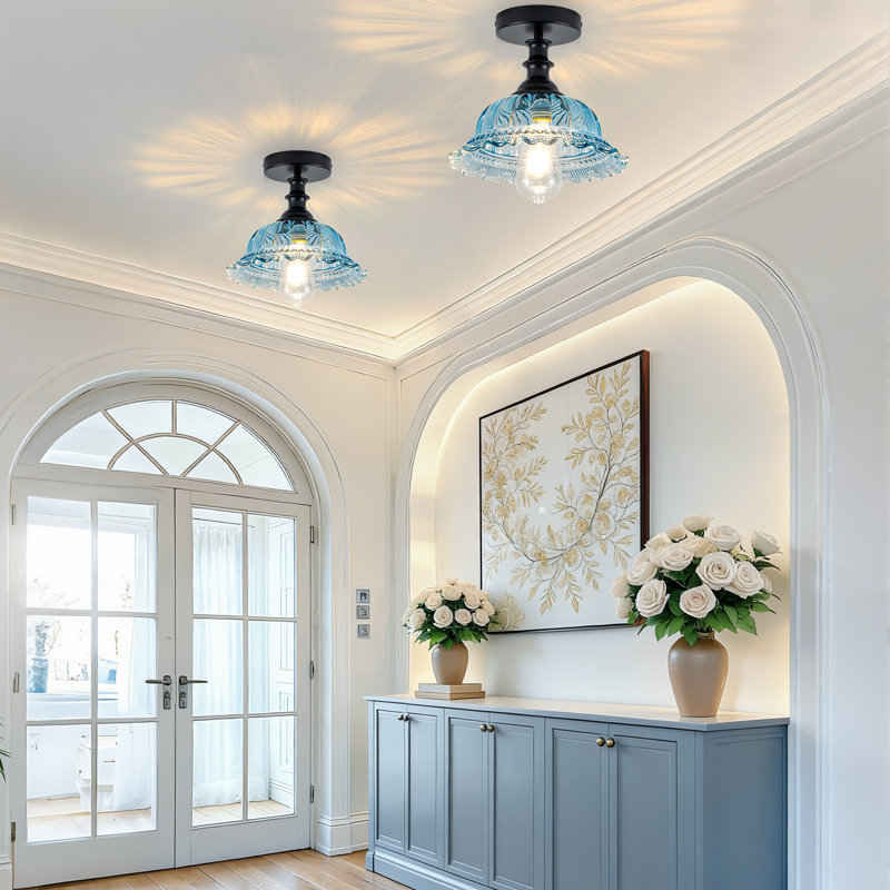 1-Light 9.8"W Vintage Floral Glass Flush Mount, Blue, Matte Black
