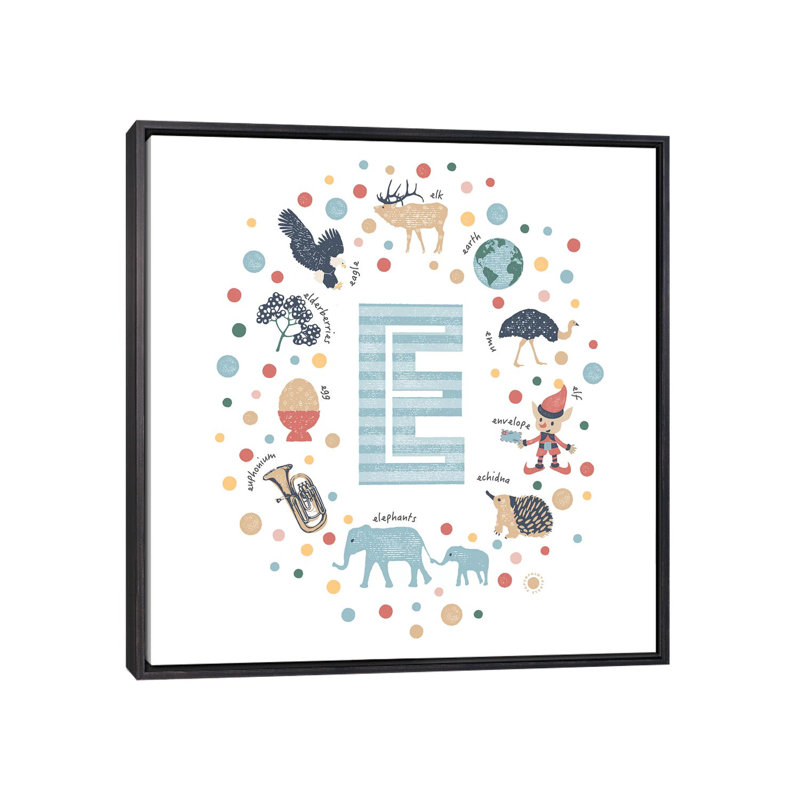 Lettre illustrée E bleue - impression, Aucun mat, H 18 po x l 18 po x 1,5 po, Toile avec cadre noir patiné