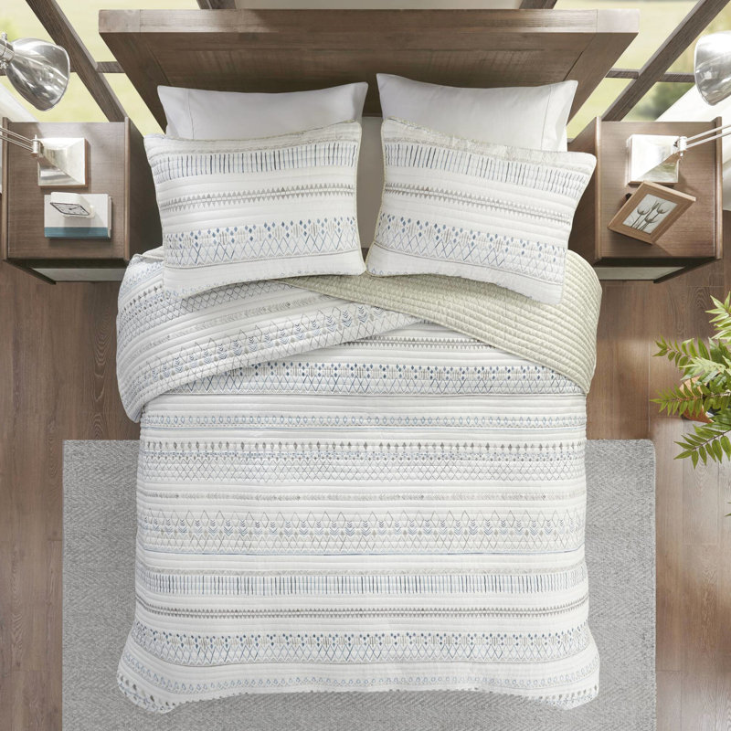 Courtepointe en microfibre en tissu gaufré, taupe / bleu, double / grand avec literie à texture douce 3 pièces