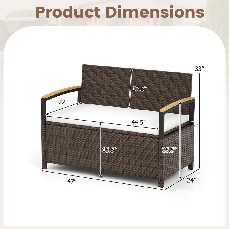 Banc de rangement extérieur avec dossier coussiné et accoudoirs en bois d'acacia