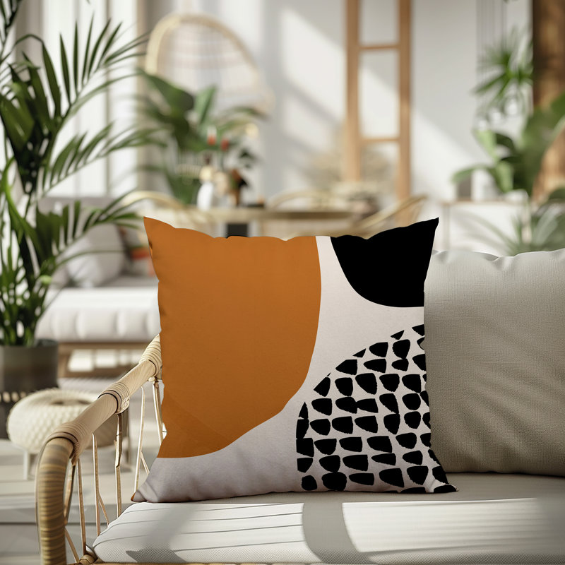 Coussin carré intérieur / extérieur pia, H 15 po x l 15 po, Orange brûlé / noir / blanc cassé