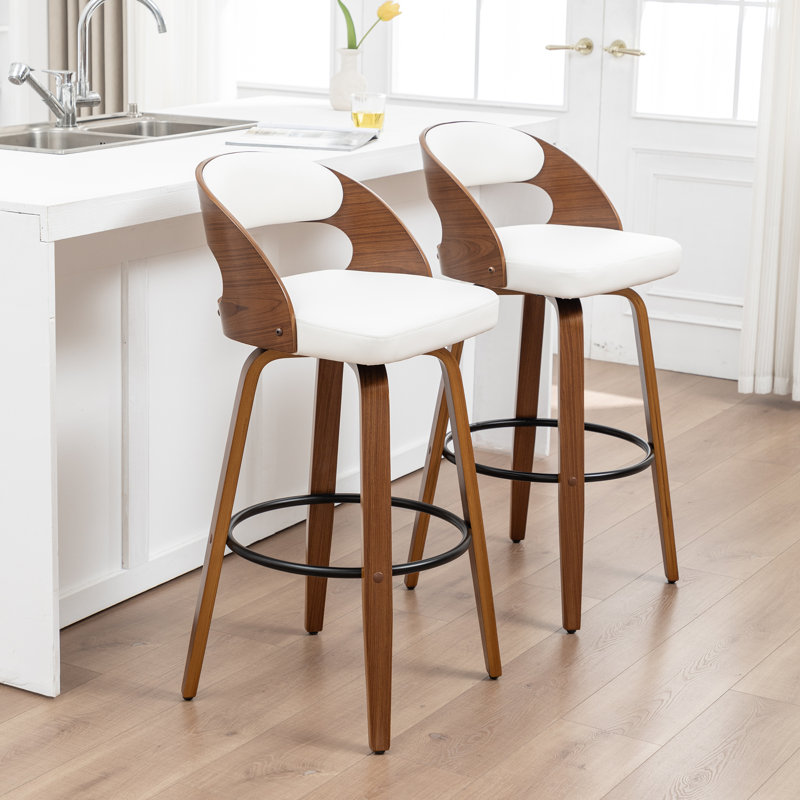 Swivel Upholstered and Faux Leather Bar Stool, White, Bar Stool (76.2cm Seat height)