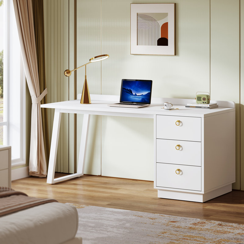 55" Computer Desk, Modern Home Office Desk with 3 Drawers, White