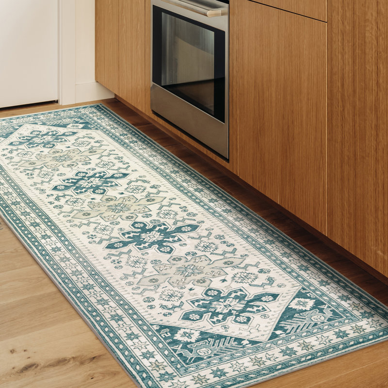 Tapis Saraz Teal avec envers antidérapant, Tapis de couloir 2 pi 5 po x 7 pi