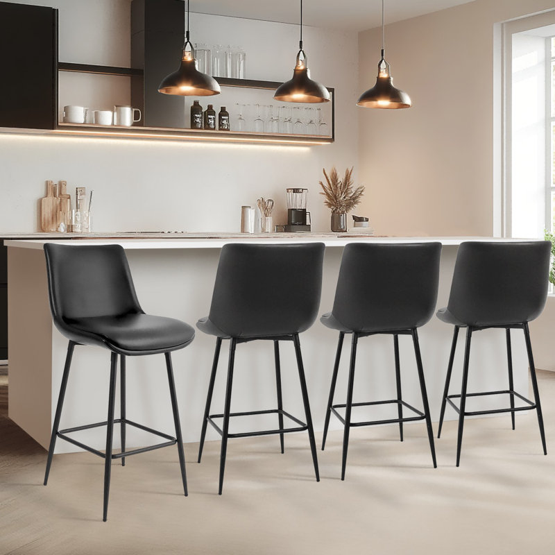 Pu Leather Upholstered Counter & Bar Stool  Set of 4 With Metal Legs, Black