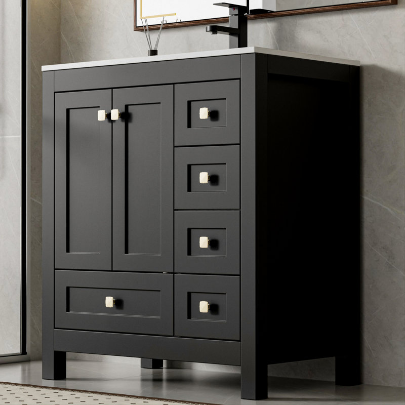 Wimer 30" Single Bathroom Vanity Set With Resin Sink Top, 20" Medicine Cabinet With Mirrors, Faucet And Drain, Black