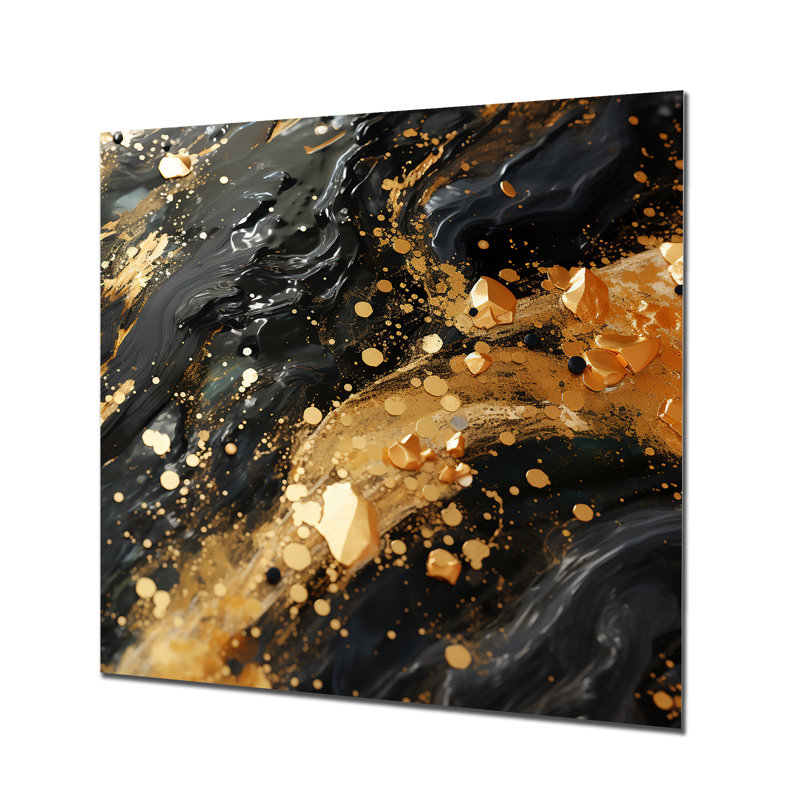 Or et galaxie noire - art mural en métal Tachisme, H 16 po x l 16 po