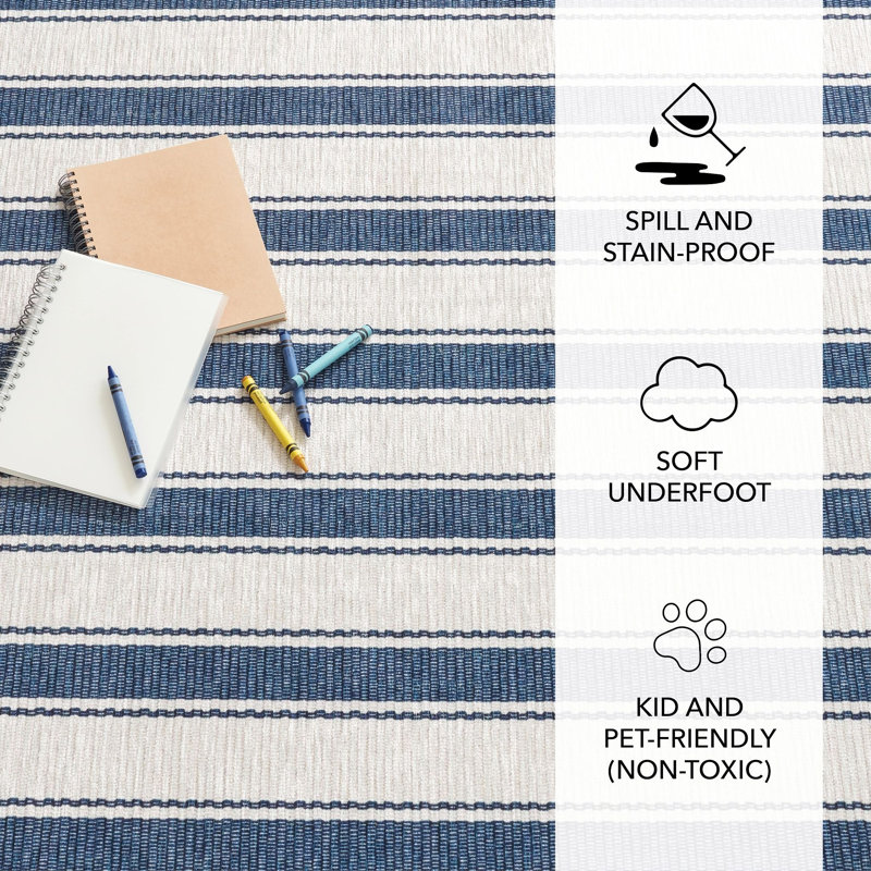 Blue Awning Stripe Machine Washable Rug, Rectangle 4' x 6'