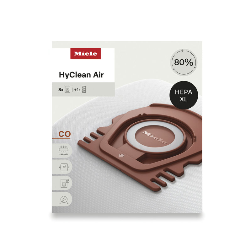 Miele HyClean Air CO Vacuum Cleaner Bags for Miele Guard M1 Vacuum Cleaners, XL Pack of 8 Vacuum Bags and 2 AirClean Exhaust Filters – 12909630