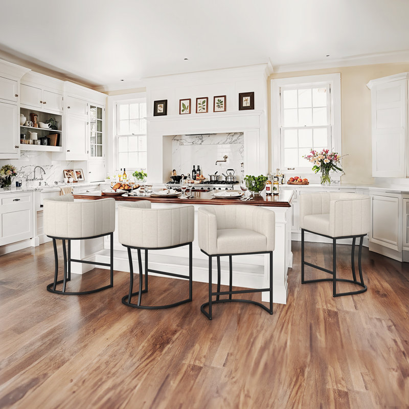 Kuenn 26.4" H Counter Height Bar Stools Set Of 4, Modern Barrel Counter Stools With Backrest And Arms, Metal Legs, Upholstered Accent Barstools For Kitchen Island