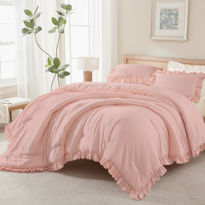 Andency Blush Ruffle Comforter Set, 2 Pieces Kids Comforter Set Twin(66x90Inch), Farmhouse Comforter Set, Soft Microfiber Kids Bedding Set