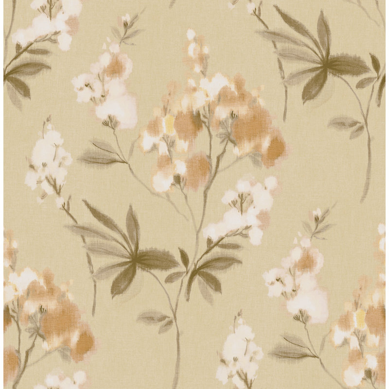 Papier peint floral en lin parchemin et denim Seabrook Designs, Brun clair / Orange / Vert