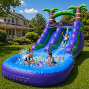 Glissade d'eau de 21 pieds de qualité commerciale avec piscine à éclaboussures et ventilateur pour fête d'été (bleu et mauve)