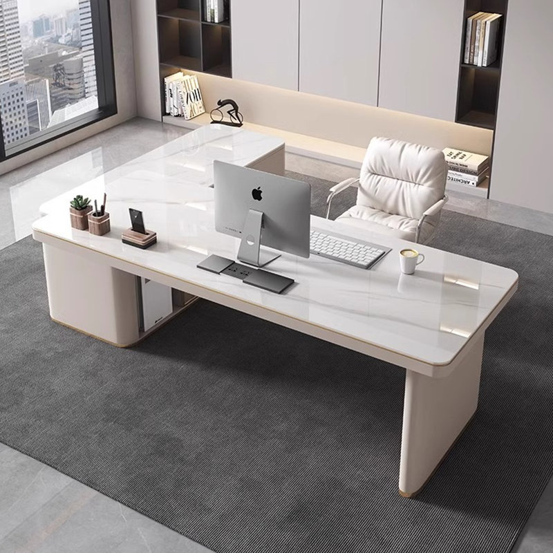 Bureau blanc et blanc en bois fritté en forme de L + bois manufacturé avec 3 tiroirs, H 29,53 po x l 62,99 po x P 27,56 po
