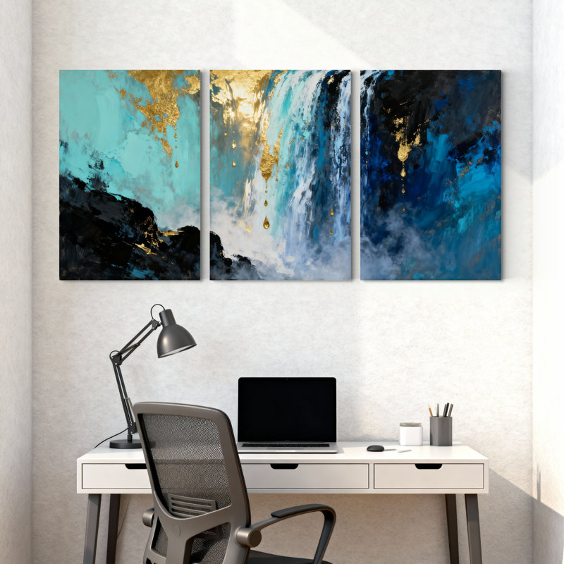 Abstrait abstrait bleu, or, noir, ensemble de 3 reproductions d'art sur toile, H 30 po x l 60 po