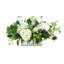 Arrangement floral d'hortensias et de chardons dans un vase en verre rectangulaire