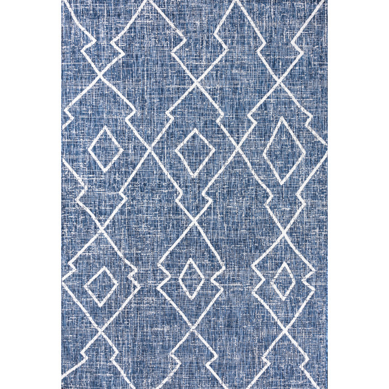 Allaire Tribal Diamond Trellis Blue/Ivory Indoor/Outdoor Rug, Rectangle 5'3" x 7'7"