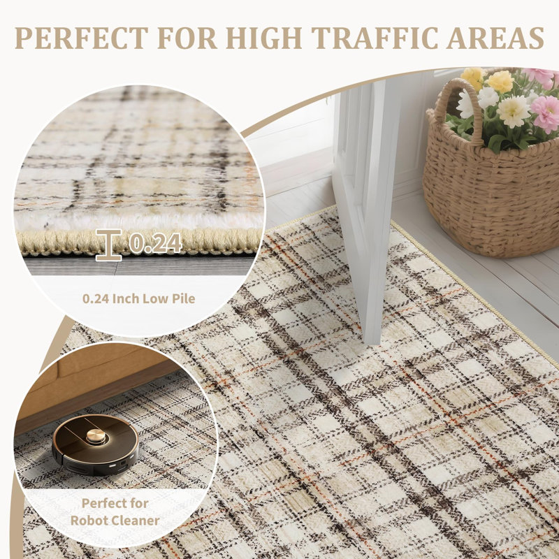 Plaid Machine Printed Area Rug, Rectangle 200 x 290 cm, Beige