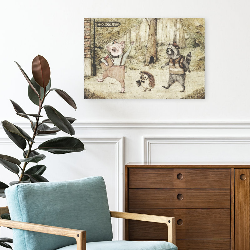 First Day In School Whimsical Abstract Contemporary Animal Forest Wall Art Print by Mike Koubou - Wrapped Canvas Print
