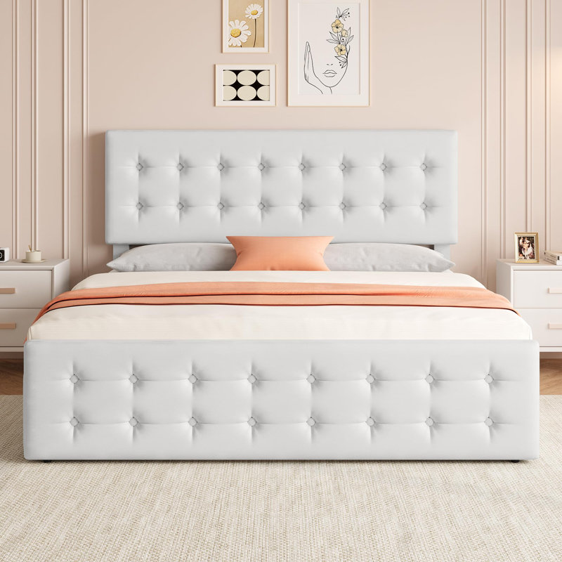 Bed Frame With Headboard And 4 Storage Drawers, Platform Bed Frame Square Stitched Button Tufted, Beige, King