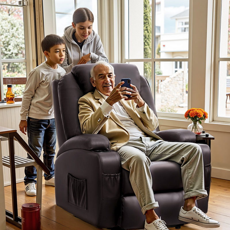Deonn 34 Wide Power Lift Recliner Chair PU Leather with Massage Ergonomic, Burgundy