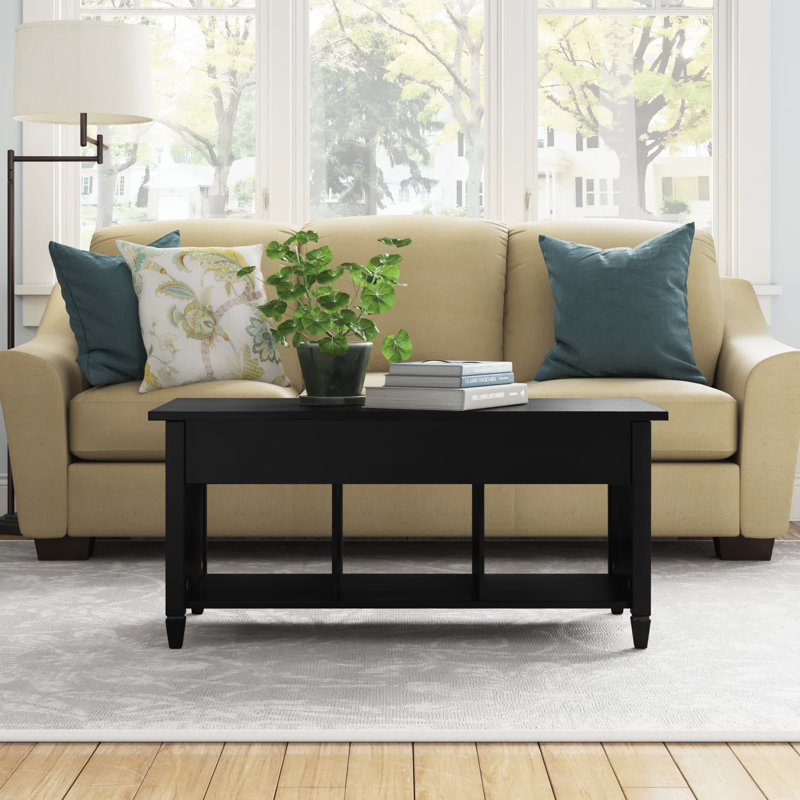 Black 39.96in Rectangular P2 Board Liftable Double-Layer Solid Wood Leg Coffee Table, Black, Black