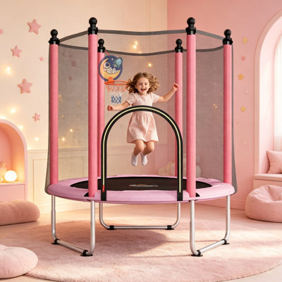 48" SUMIJ Kids Trampoline with Enclosure Net and Basketball Hoop – Mini Toddler Bouncer for Indoor & Outdoor Play