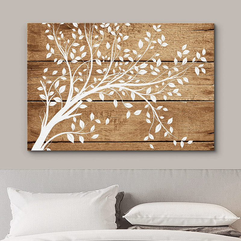Artistique, branches et feuilles sur fond de bois brun - impression sur toile tendue, H 12 po x l 18 po x 1,5 po