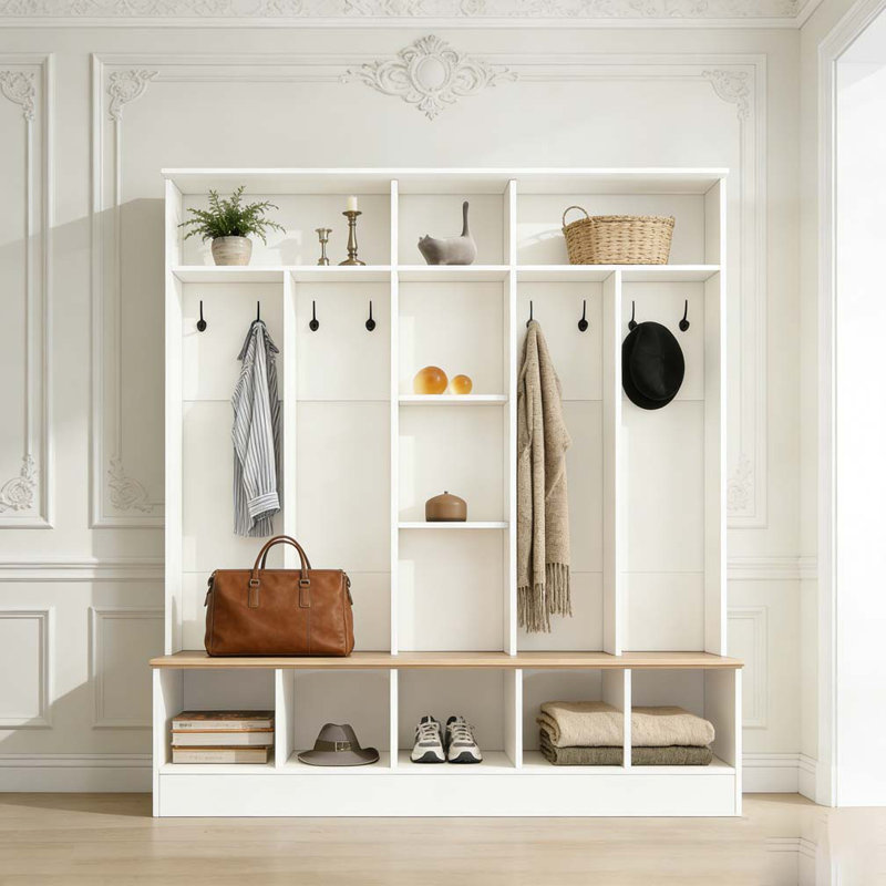 Arbre d'entrée large avec banc de rangement, armoire à chaussures minimaliste avec rangement cubique et tablettes, Blanc