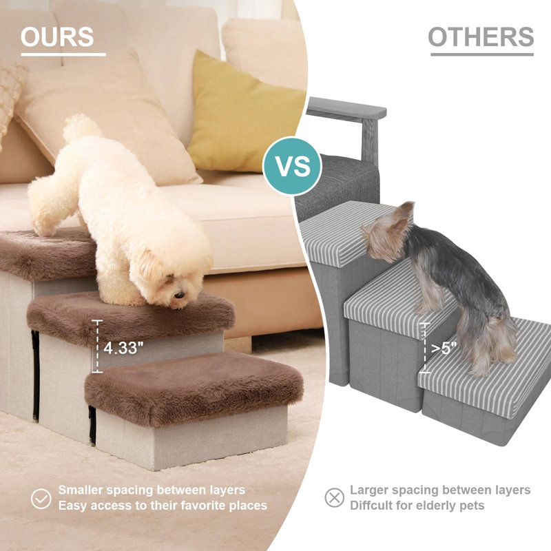 Foldable Brown Fabric Pet Stairs with Storage