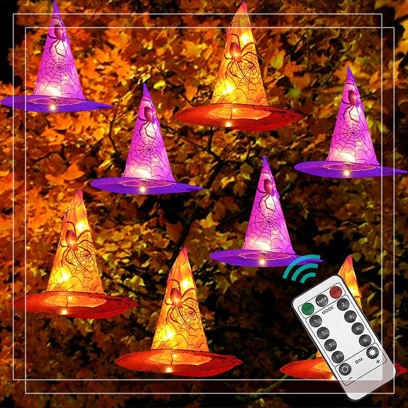 Décoration de fête d'Halloween pour chapeau de sorcière suspendue d'Halloween - 16 pi de longueur, 8 modes d'éclairage (télécommande), imperméable à l'eau et à piles