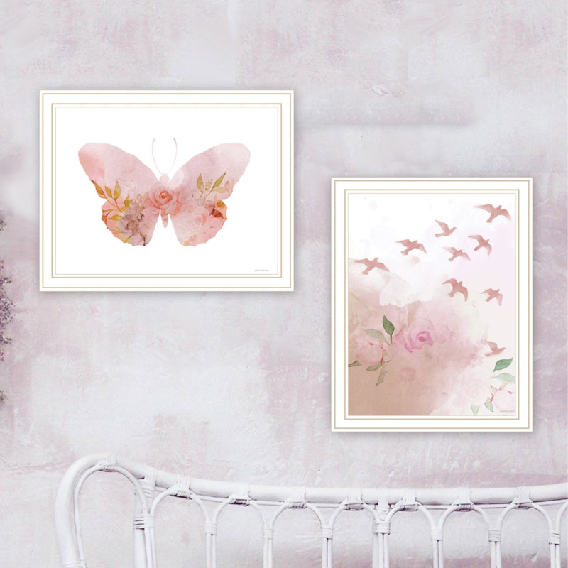 «Trendy Decor 4U», ensemble de 2 reproductions d'art mural encadré pour la salle à manger, oiseaux et papillons