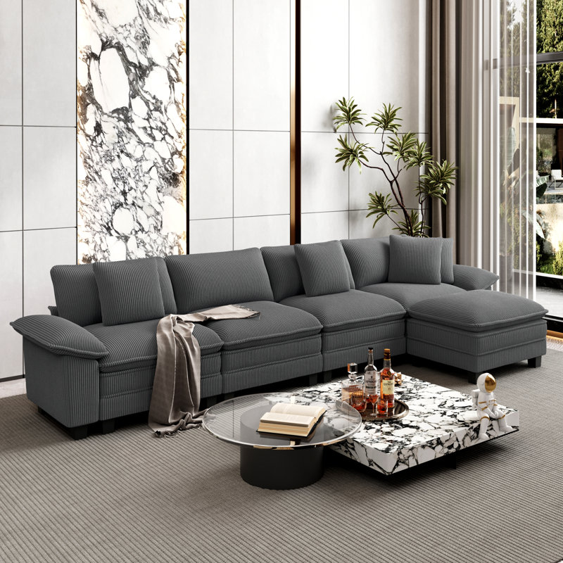 Sofa & Chaise, 5, Light Grey Corduroy