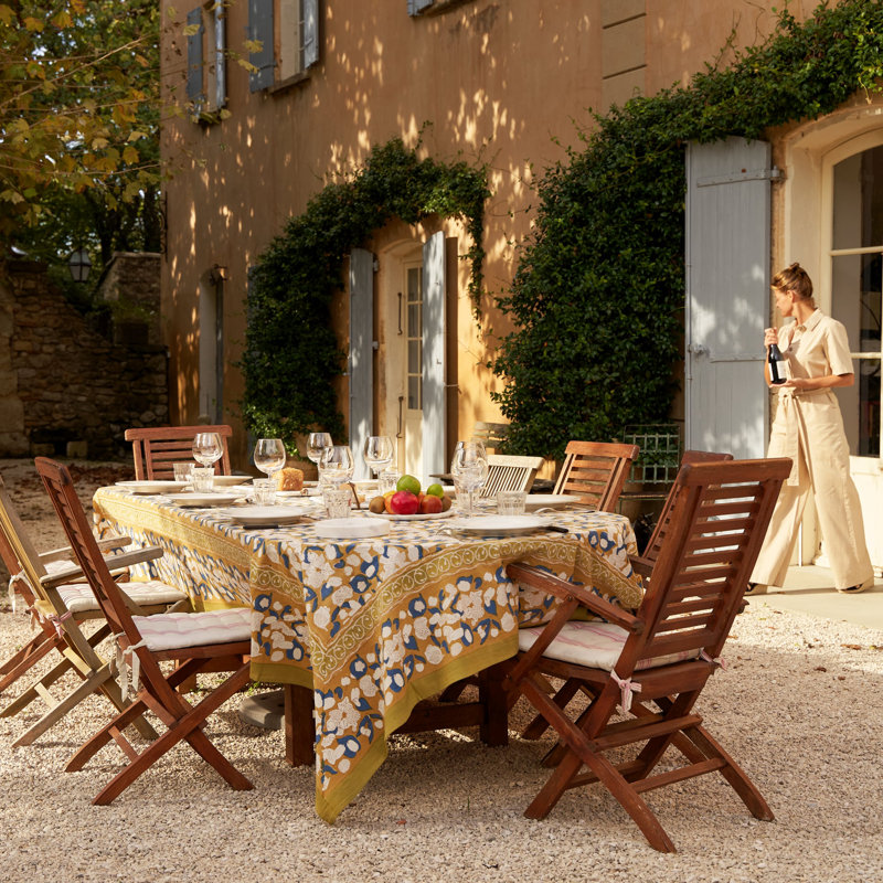 Forest Harvest Handmade Floral Tablecloth, 142" x 71", Mustard/Blue