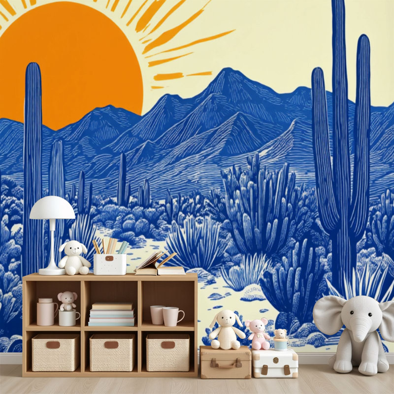 Papier peint auto-adhésif mural, adhésif, adhésif, rétro, adhésif, désert, Boho, cactus mexicain, soleil, bleu, 69 po x l 96 po