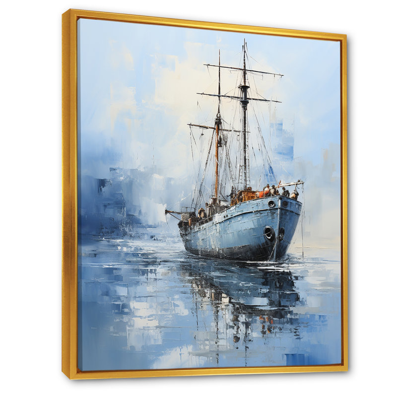 «Minimalist Blue Boat Horizong II - Coastal Minimalisme», art mural, Cadre flottant doré, H 40 po x l 30 po x P 1,5 po