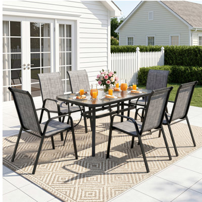 All Weather Patio Dining Set For 6, Outdoor Table And Chairs With 1.69″ Umbrella Hole,  30"X 55" Table And Stackable Chair, For Lawn, Deck (Umbrella Not Included)  (Black Table and Gray chairs)