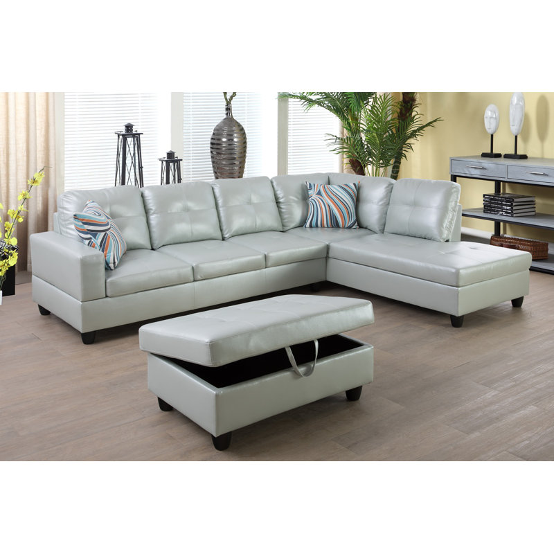 Brevard Faux Leather L-Shaped Sectional, Right Hand Facing, Shiny Silver Green