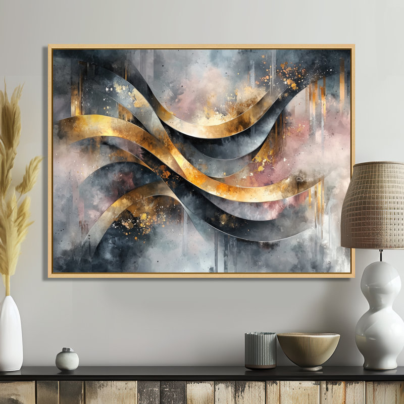 «Geometric Ink Pulse V - Abstract Spirals», art mural sur toile, Cadre flottant, H 24 po x l 32 po, Naturel
