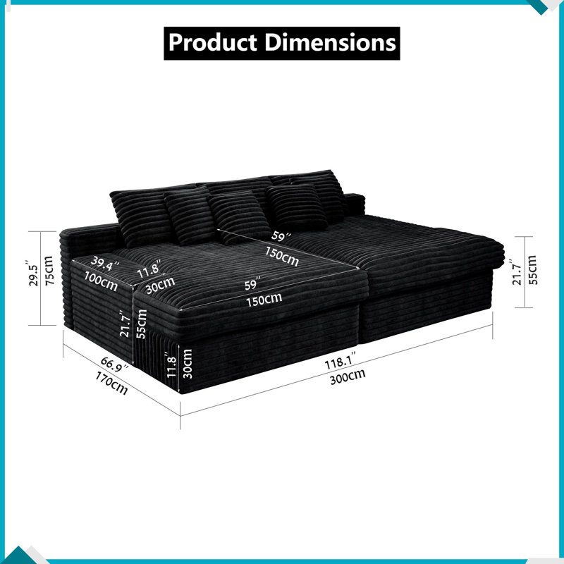 Canapé modulaire moelleux en velours côtelé 4 places, sans assemblage, noir (L 118 po x l 67 po), Velours côtelé noir