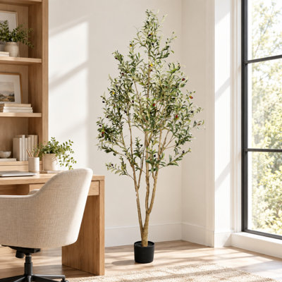 Olive artificielle de 7 pi en pot noir pour décoration intérieure